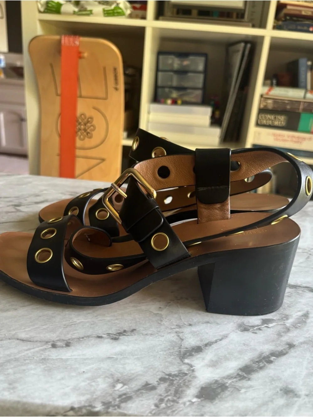EUC CELINE Black w/Gold Grommet Straps block Heeled Sandals - Women size - Picture 5 of 6